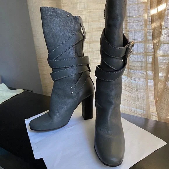 Chloe gray leather heel boots mid calf 36-6 slip on gray Italy under knee 14" hi